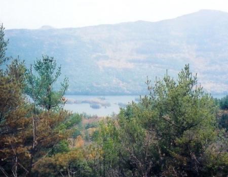 A hazy view of fall mountains in the fall