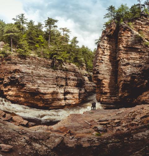 A wide-angle view of a stony chasm