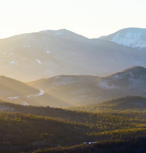 A wintery scene of snow-covered forests and mountains