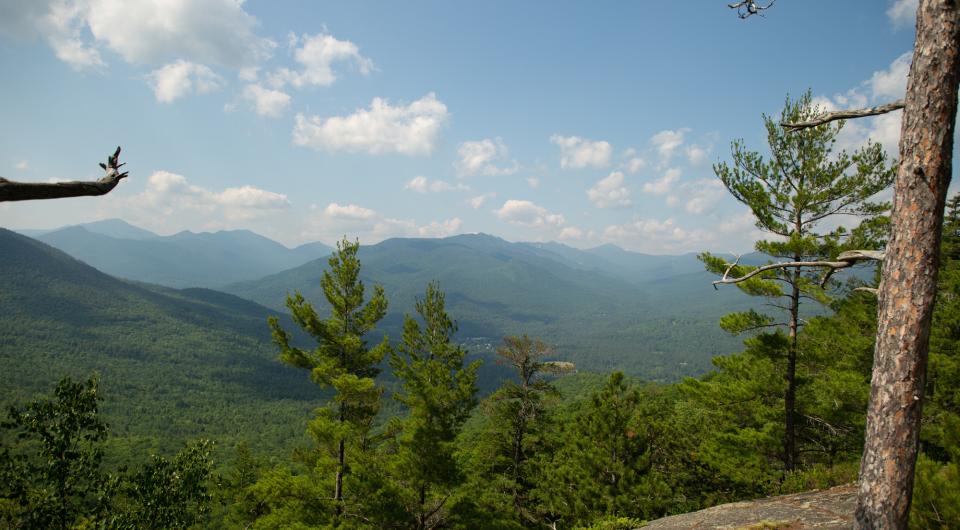 A view of tall&#44; tree-covered mountains