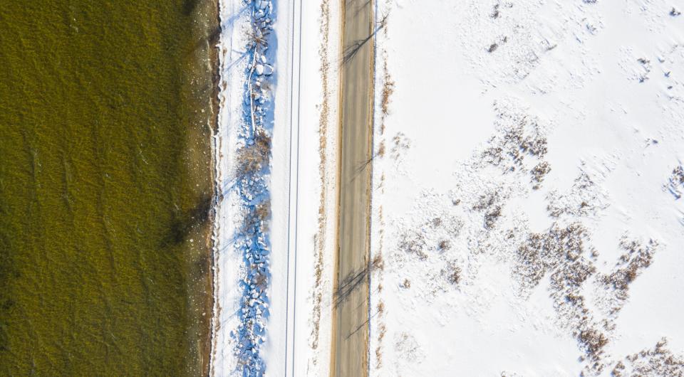 Aerial view of the access road for Wickham Marsh