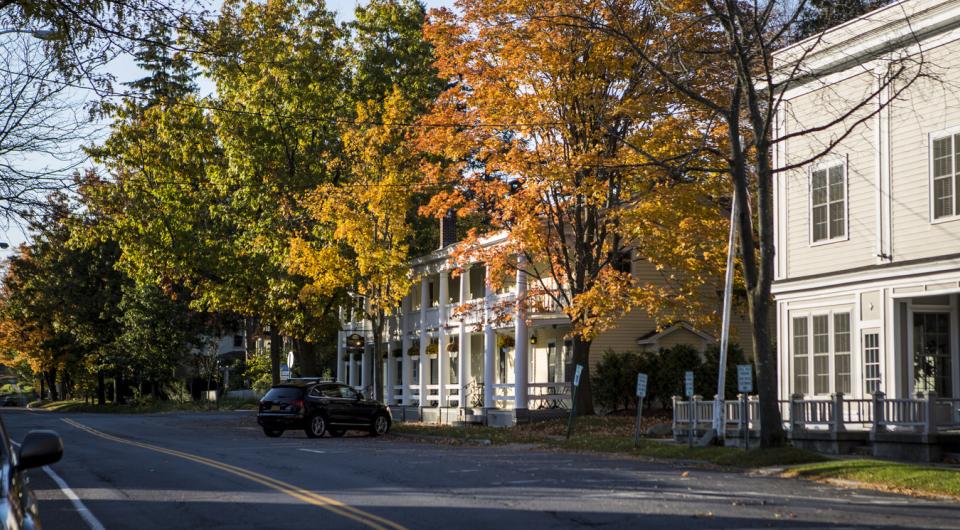 A road goes through a historic area of a town