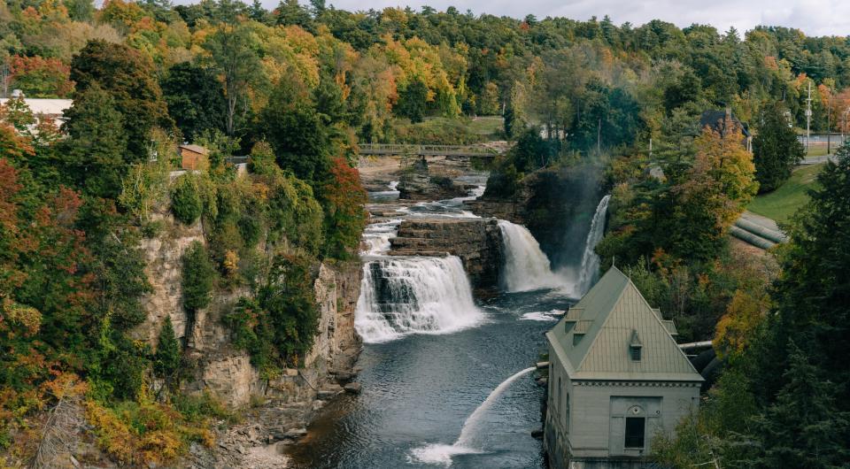 View from a bridge of Ausable Chasm's damn and waterfall