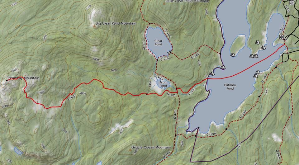 A map of a paddling and hiking route.