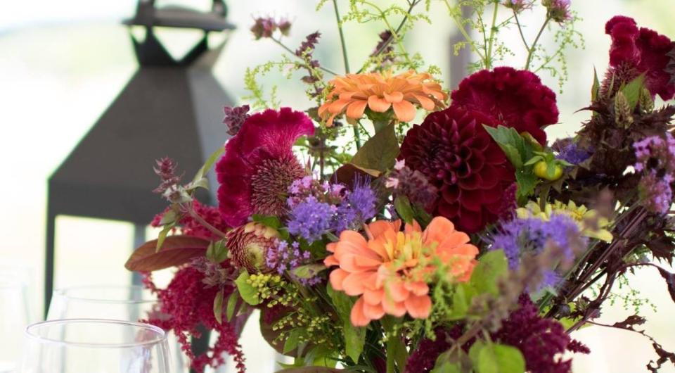 Red&#44; coral and purple bouquet