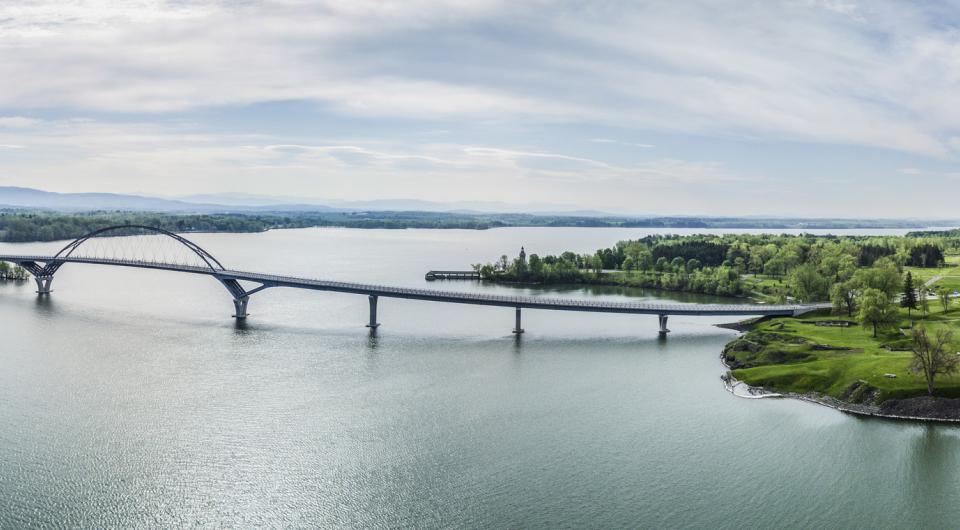 Aerial view of the bridge at Crown Point over Lake Champlain