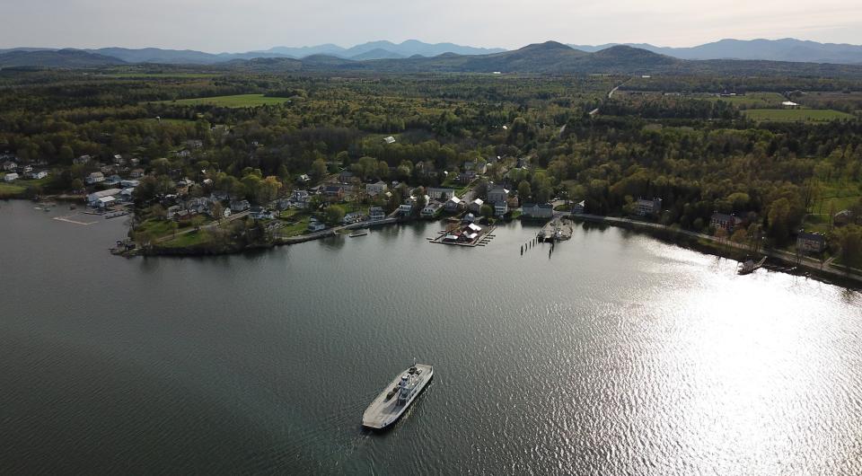 Aerial view of a ferry on Lake Champlain