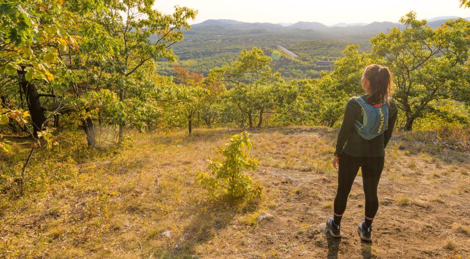 A woman looks at mountain views from an overlook