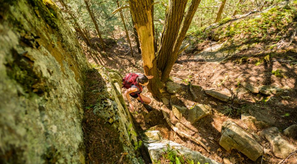 A hiker going up the steep trail on Mount Gilligan