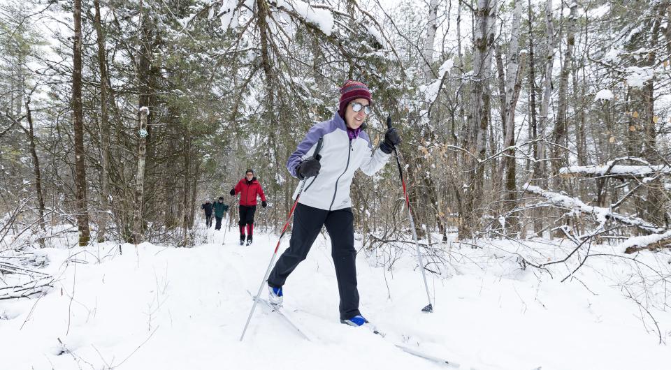 A group of people ski through the woods