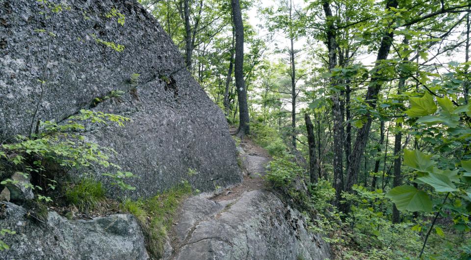 A trail winds around a slabby rock