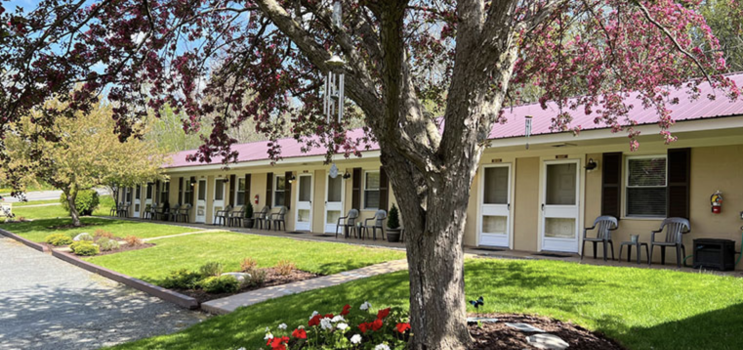 The exterior of a charming, single-story motel framed by a lawn and large trees.