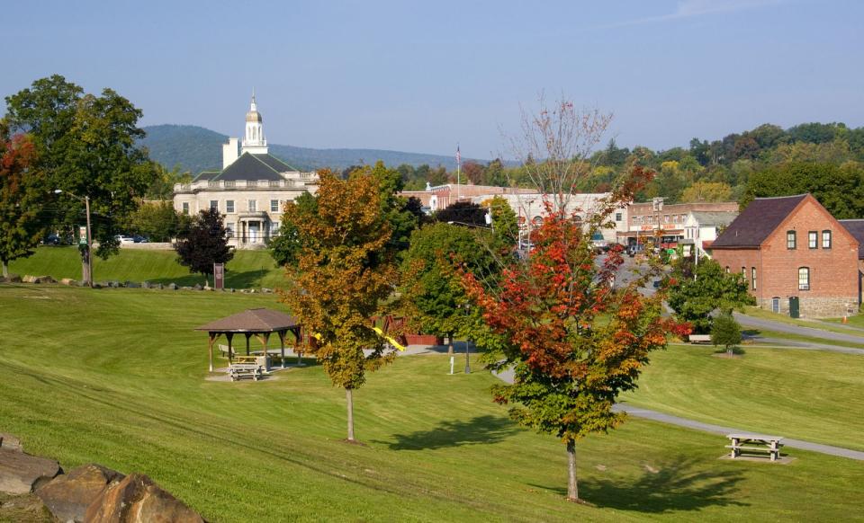 A grassy park with historic buildings on the hill beyond.