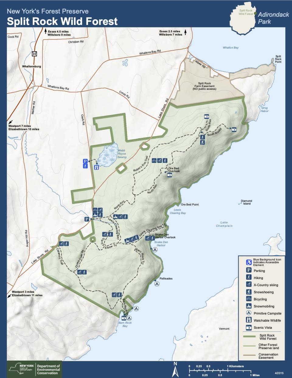 NY state map of the Split Rock Wild Forest.