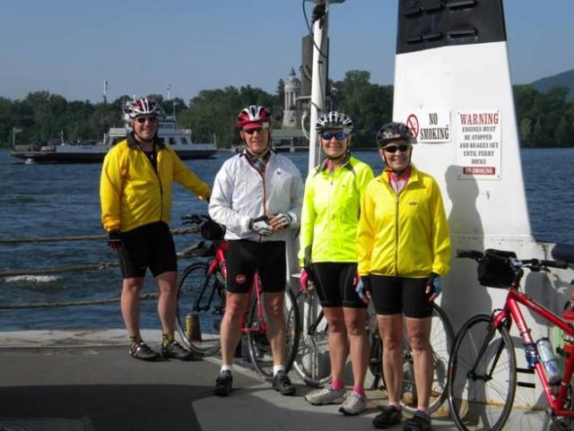 Cyclists crammed into a corner on the ferry