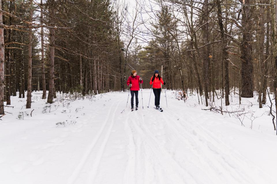 Two people skiing on trails