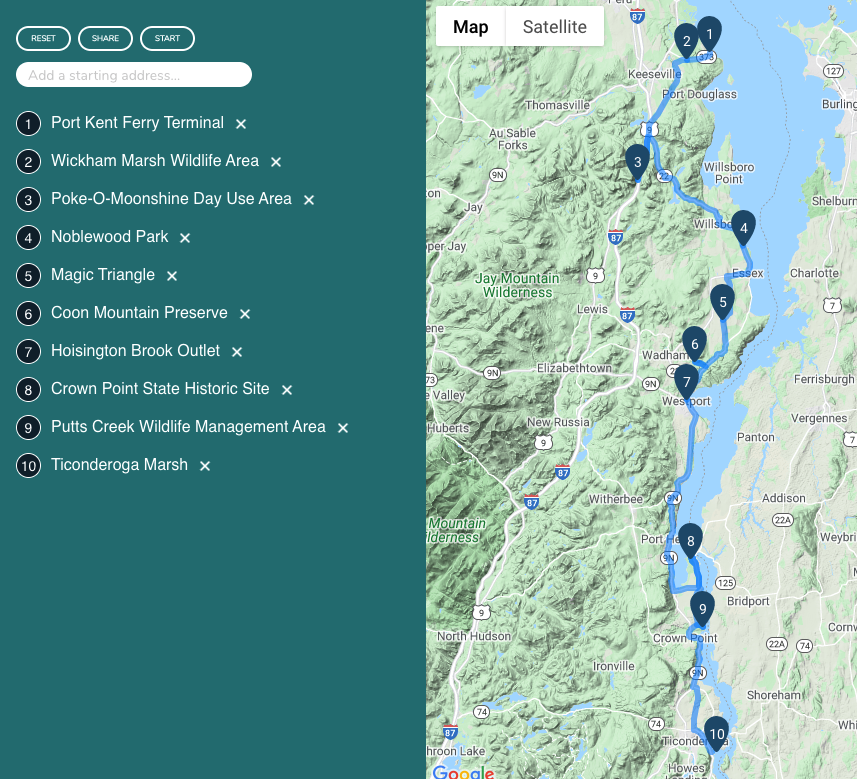 Spring birding locations Adirondack Wayfinder trail map.