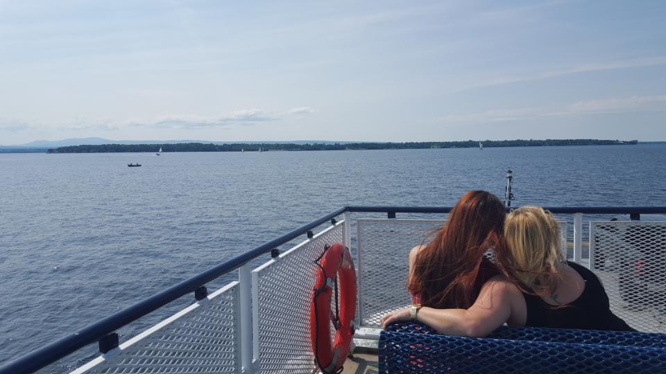 Two women sitting on a Lake Champlain Ferry