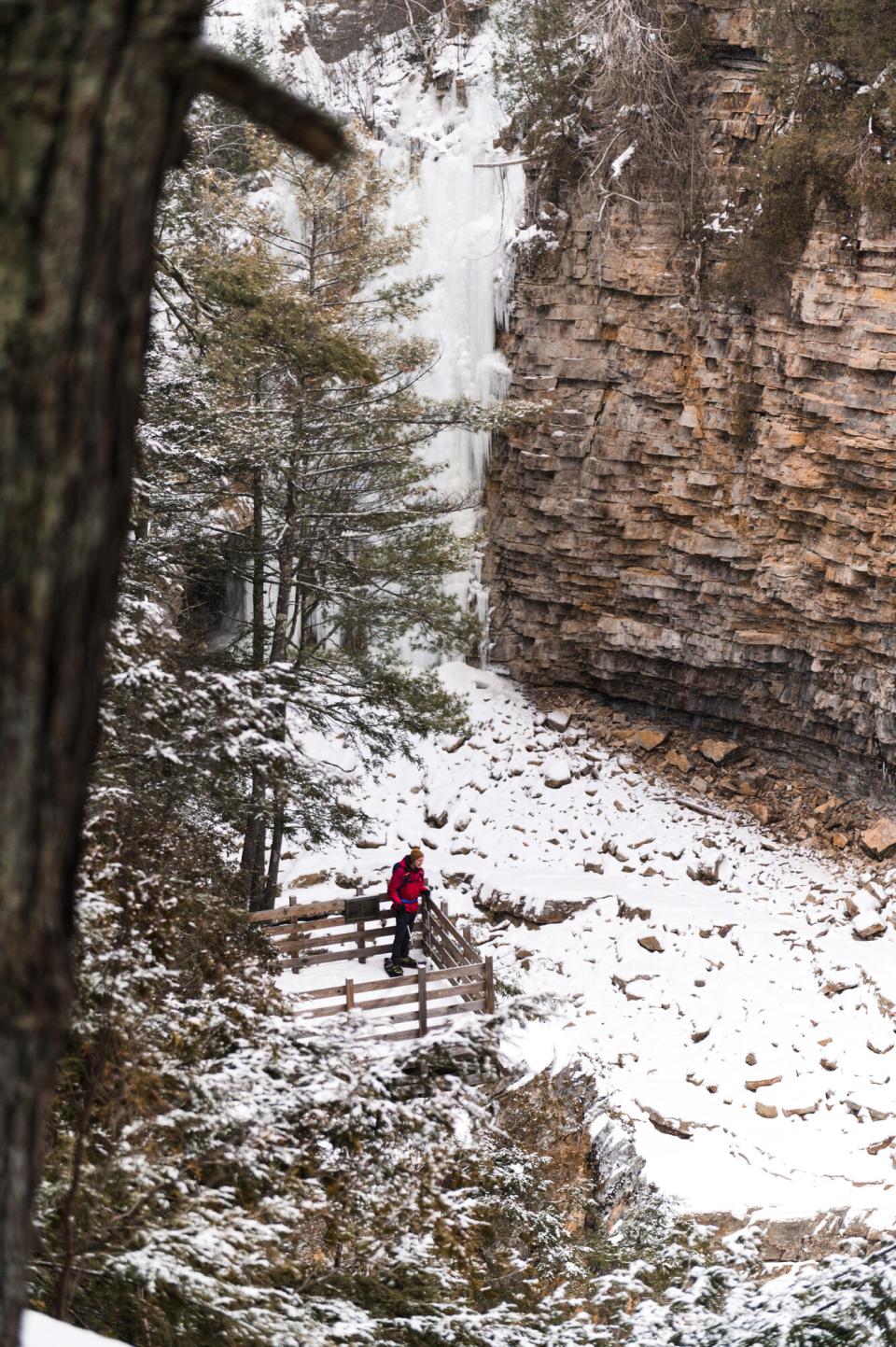 looking out at the view of winter at Ausable Chasm