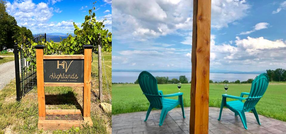 Two Adirondack chairs with wine glasses overlooking a lake