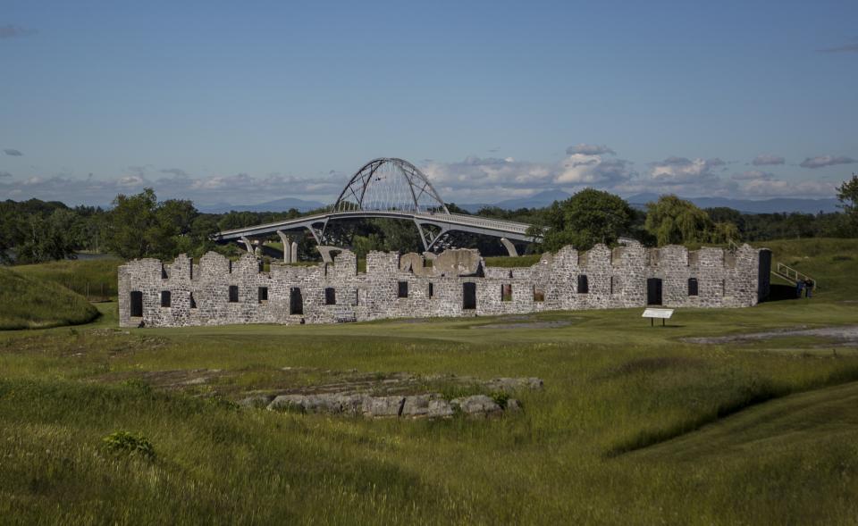 historical ruins and modern bridge.