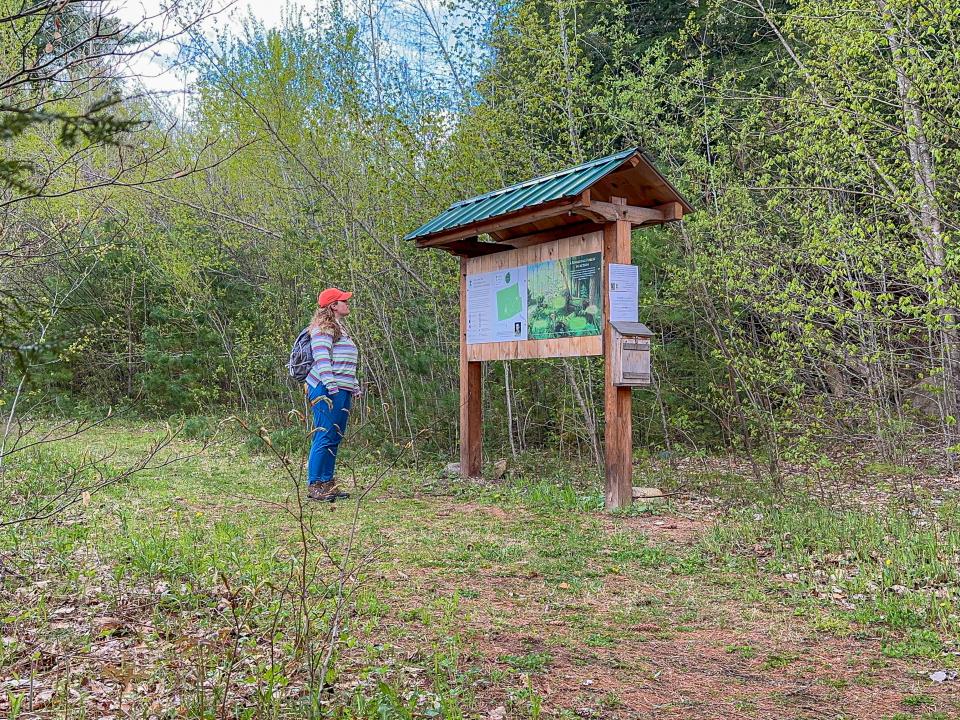 A woman reads a kiosk with interpretive panels at the start of a woods trail.