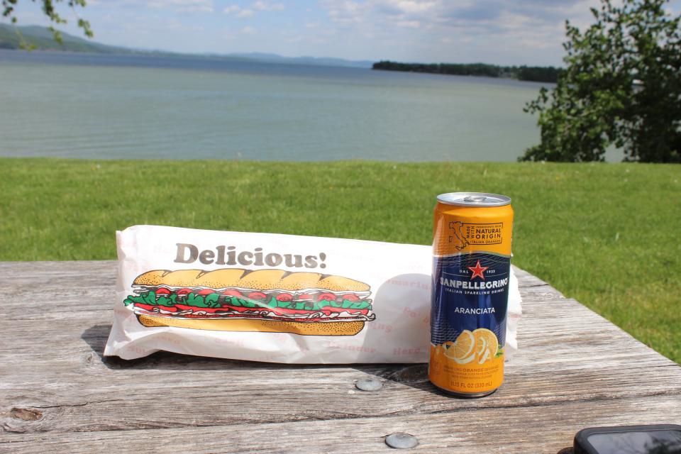 A sandwich and can of spellagrino on a picnic table overlooking a lake.