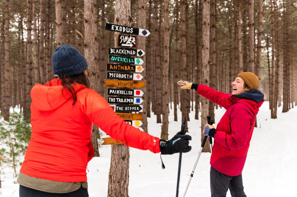 two people snowshoeing at Ausable Chasm