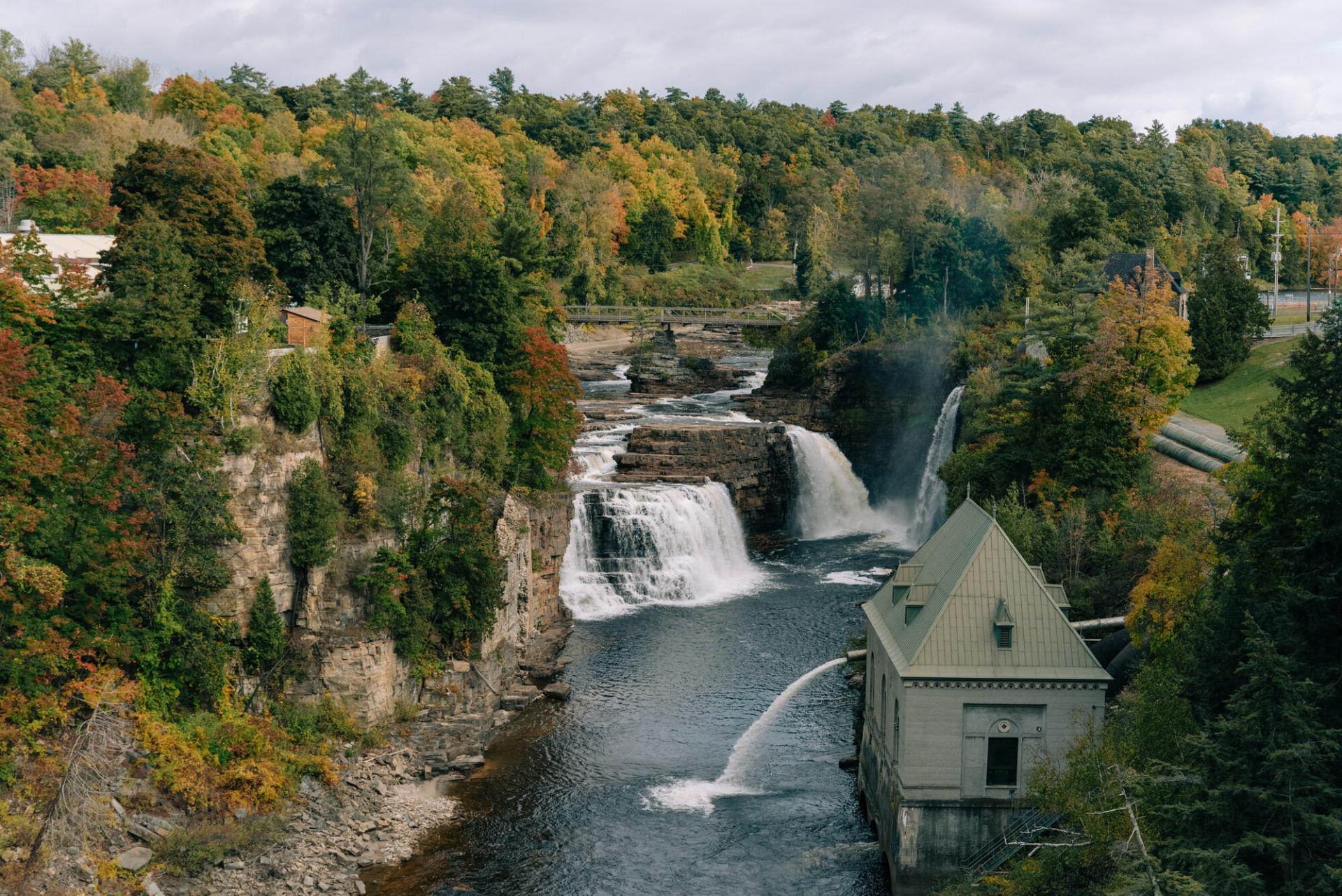 View from a bridge of Ausable Chasm's damn and waterfall